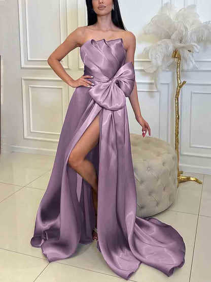 Lavender Strapless Satin Evening Dress Bow Sexy High Slit Prom Dress