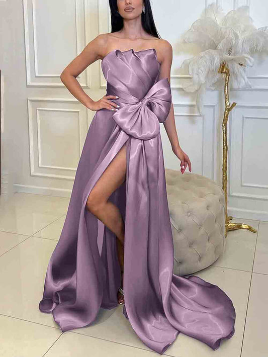 Lavender Strapless Satin Evening Dress Bow Sexy High Slit Prom Dress