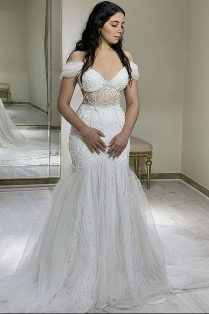 Fully Sequined Beaded Tulle Pleated Trumpet Mermaid Wedding Dress