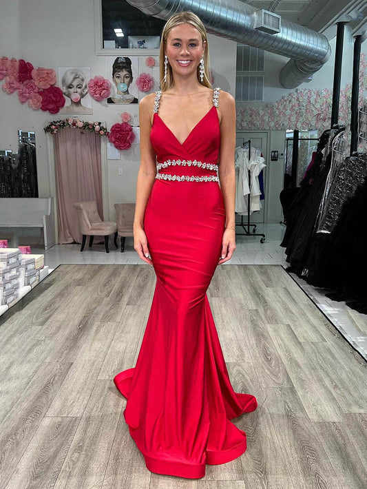 Red Crystal Strap Mermaid Prom Dress V Neck Satin Evening Gown