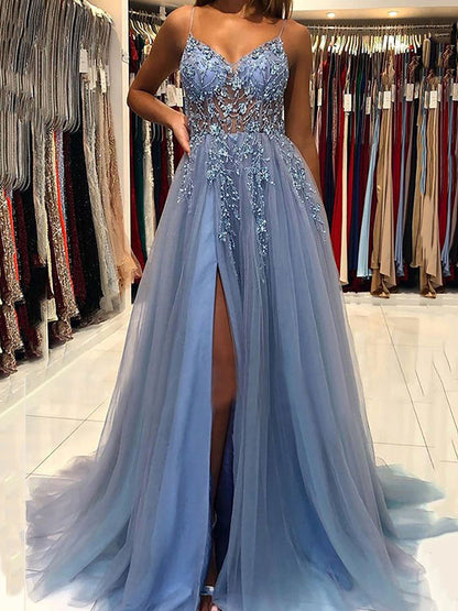 A-Line Prom Gown with Slit Illusion Beads Appliques Evening Dress