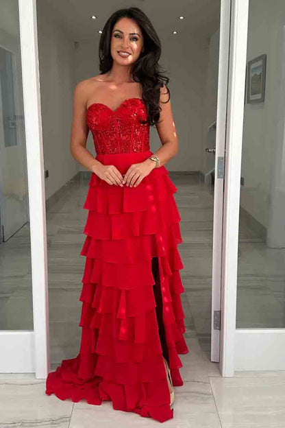 Red Stunning Evening Gown with Side Slit Strapless Prom Dress