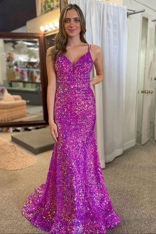Sequin Mermaid Prom Dresses Sparkly V Neck Evening Dress