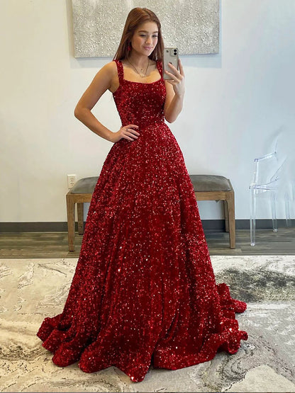 Burgundy Sequin Ball Gown Sparkly Evening Dress Shine Prom Dress