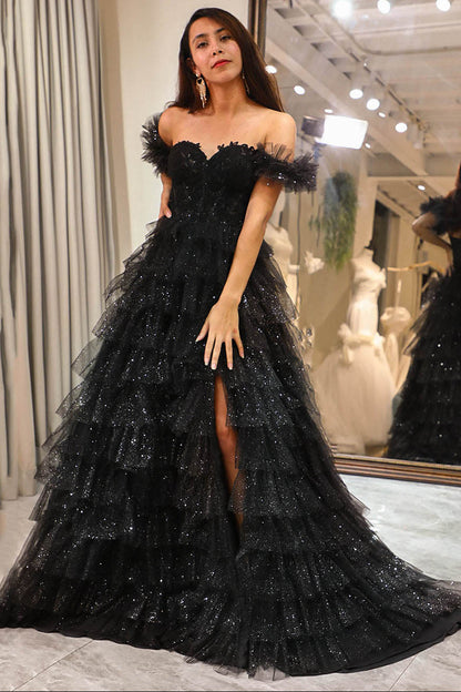 Off Shoulder Tulle Prom Dress High Slit Layered Sparkle Evening Dress