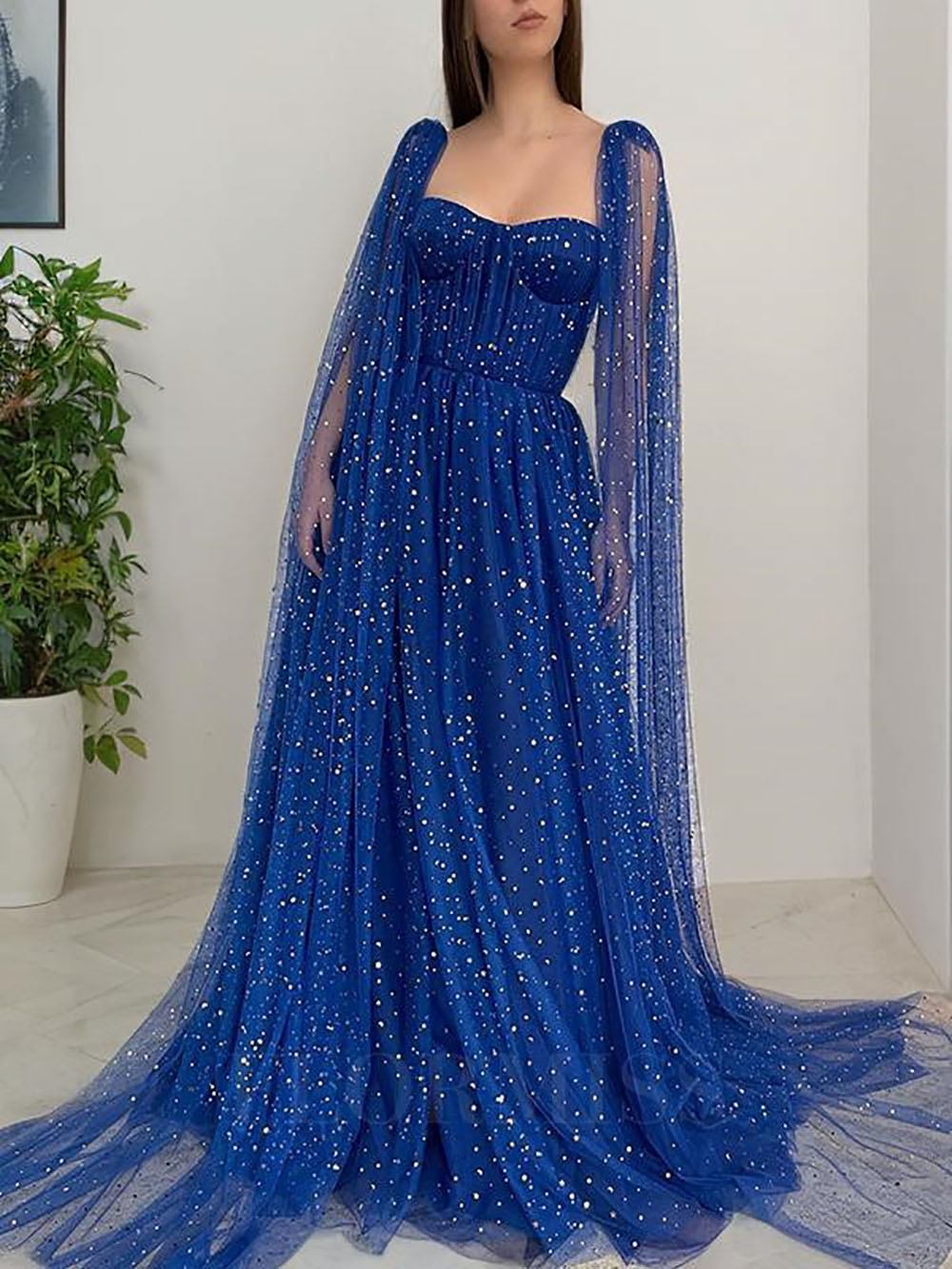 Sweetheart Neck A-Line Formal Party Dress with Long Cape Sleeves