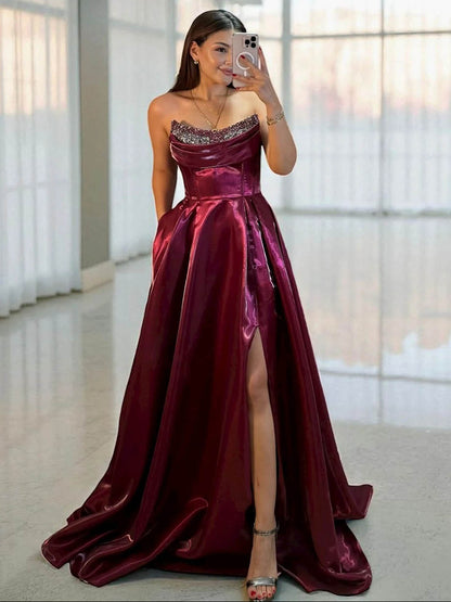 Shiny Satin Beaded Corset Formal Evening Gown