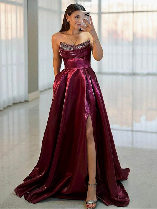 Shiny Satin Beaded Corset Formal Evening Gown