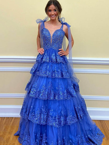 Sequins Lace Prom Dress V Neck Bow Straps Layered Tulle Party Dress