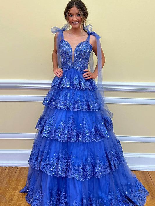 Sequins Lace Prom Dress V Neck Bow Straps Layered Tulle Party Dress