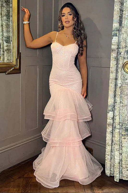 Elegant Pink Sequin Tiered Mermaid Evening Gown Ruffle Prom Dress