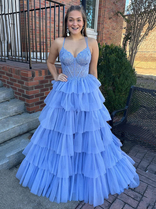 Layered Tulle Evening Gown Lace Appliques Corset Prom Dress