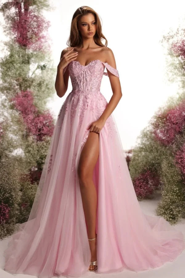 Blushing Pink Off-The-Shoulder Embroidery Split Prom Dress