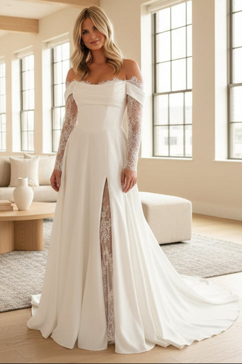 Bohemian A Line Off the Shoulder Satin Lace Wedding Dress