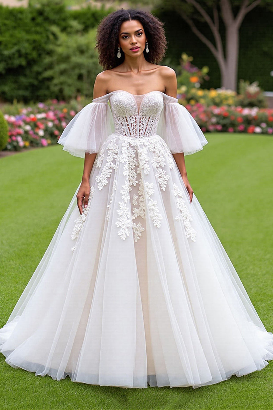 Ruffles Sleeves Off-the-Shoulder Princess Tulle Wedding Dress