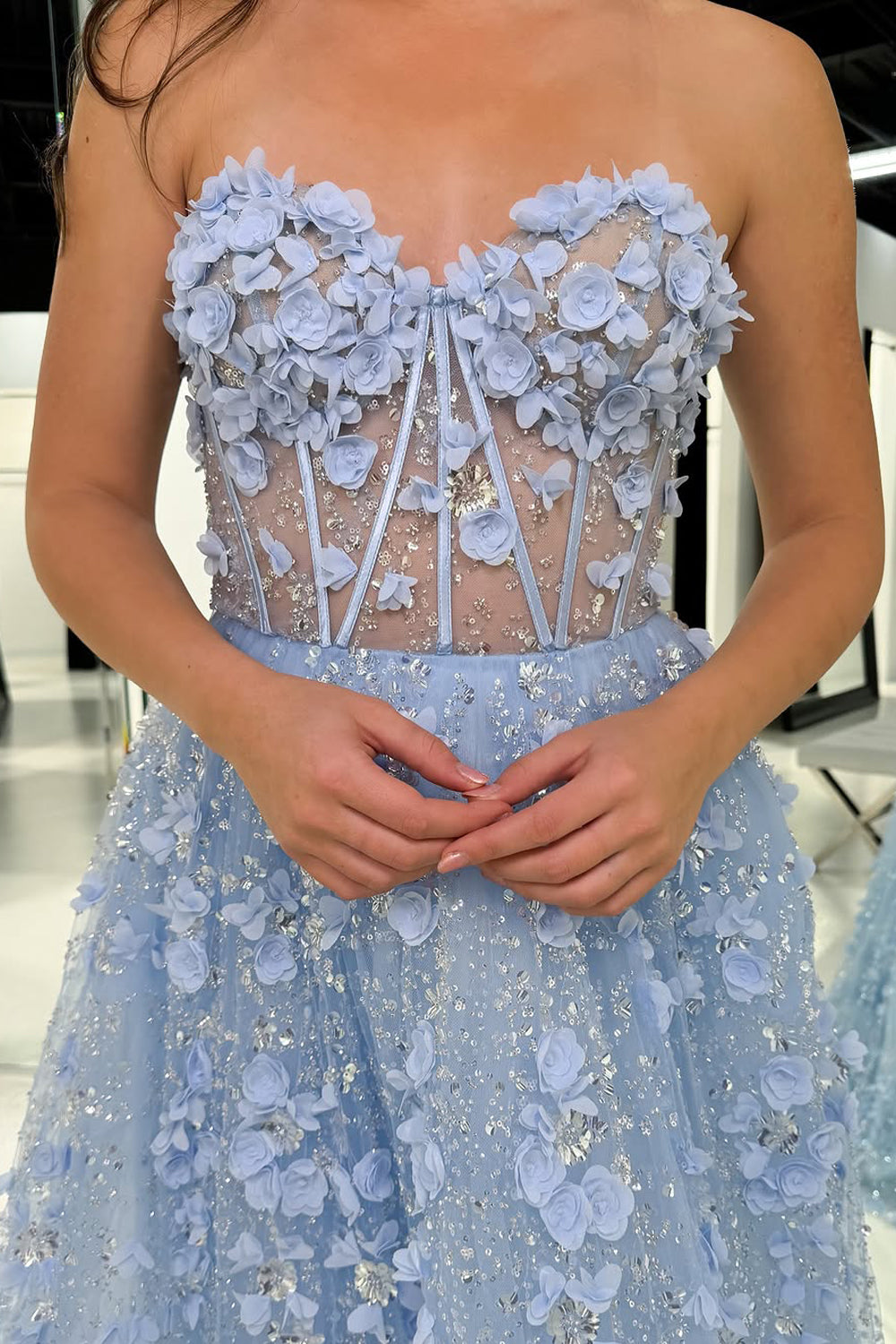 A-Line Strapless Light Blue Sequins Long Prom Dresses with 3D Flower Appliques