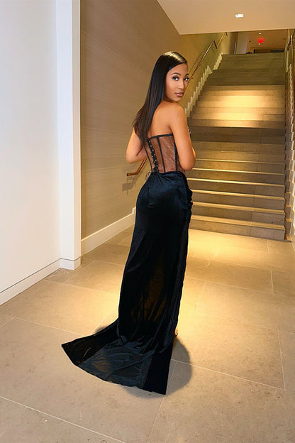 Black Strapless Evening Dress Sleeveless Mermaid Train with Slit