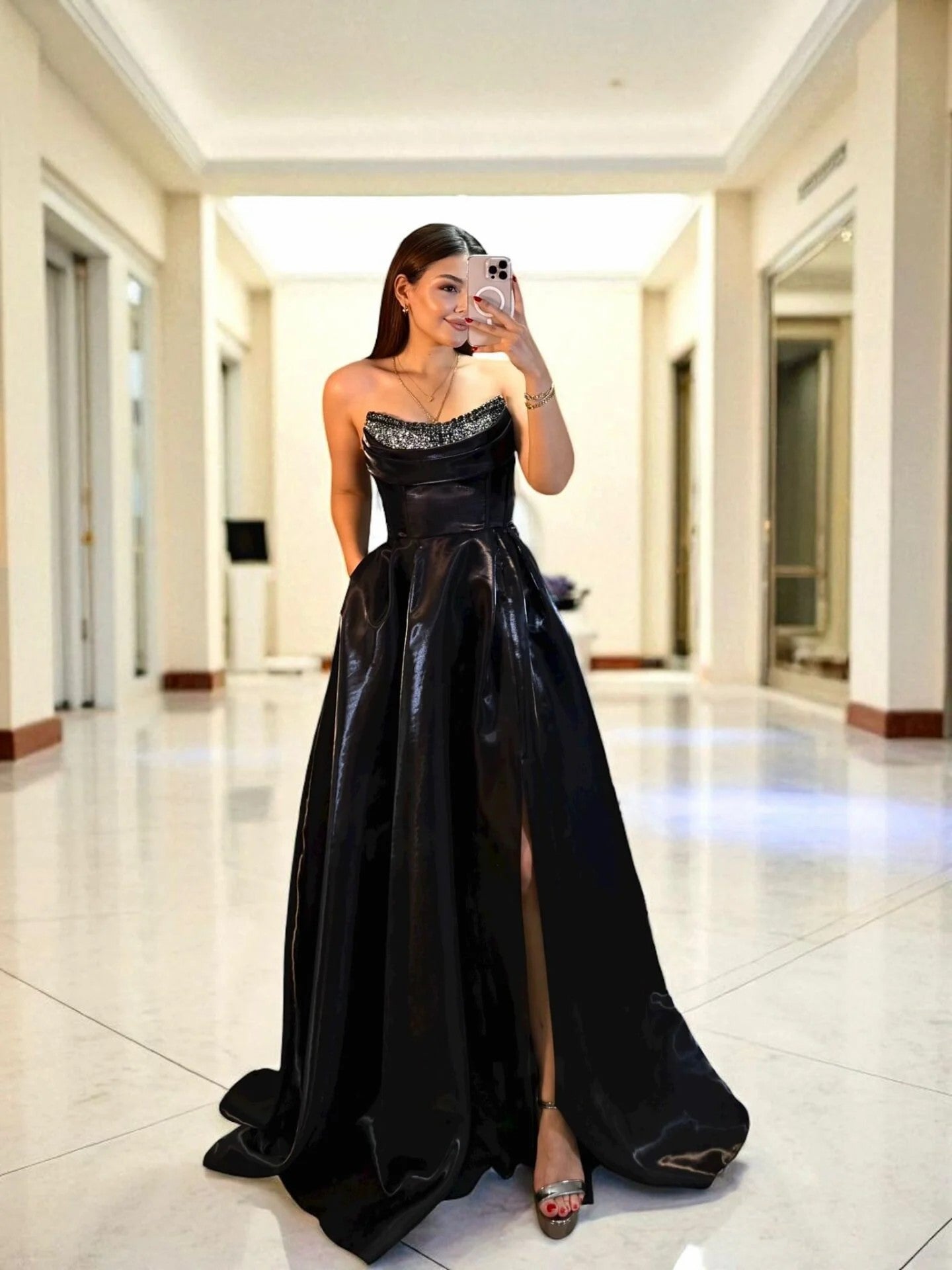 Shiny Satin Beaded Corset Formal Evening Gown