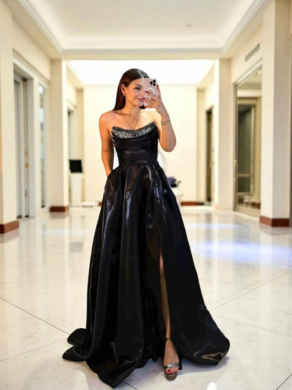 Shiny Satin Beaded Corset Formal Evening Gown