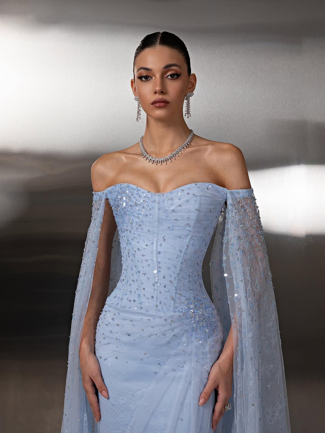 Delicate Blue Off-the-Shoulder Prom Dress Sleeveless Sequins with Lace