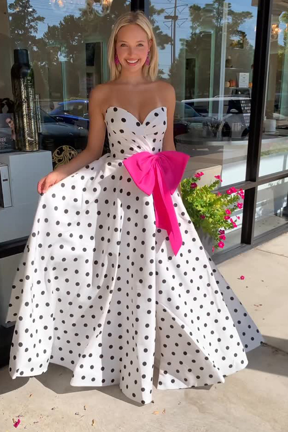 Cute A Line Sweetheart White Black Dot Long Prom Dress with Bow