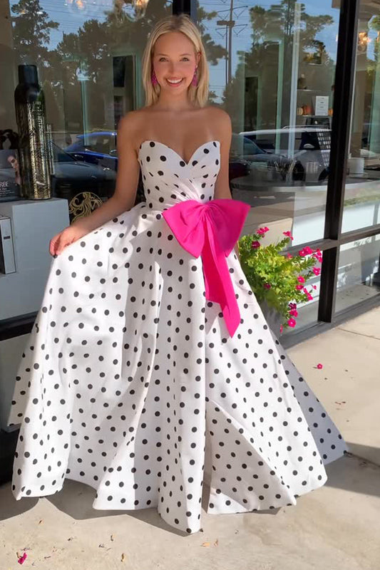 Cute A Line Sweetheart White Black Dot Long Prom Dress with Bow