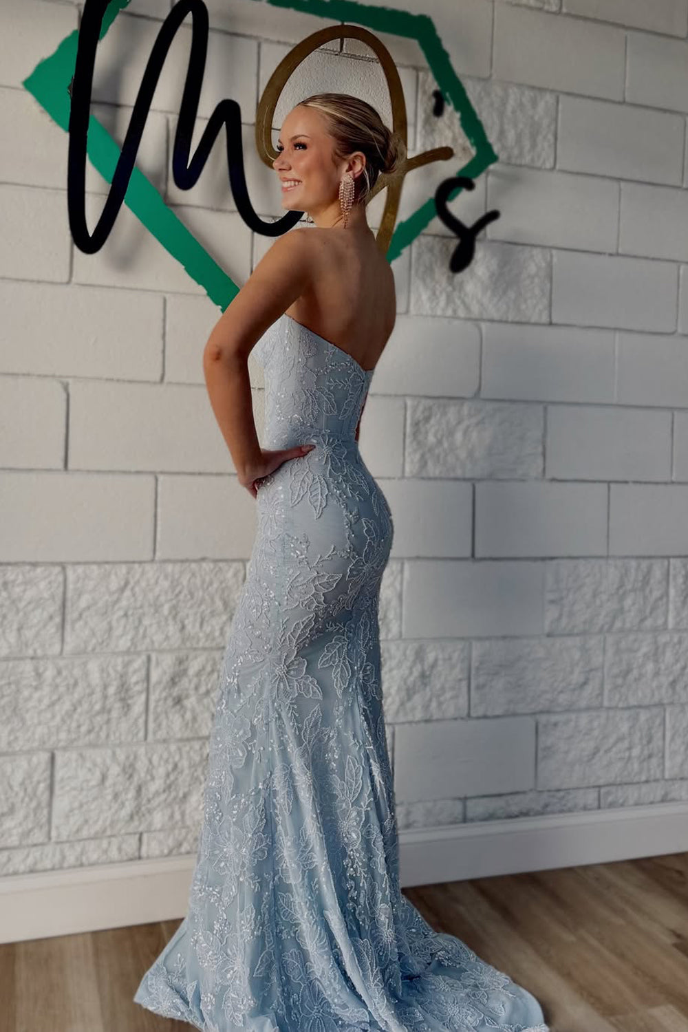 Exquisite Strapless Grey Blue Appliques Long Prom Dress