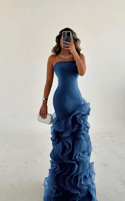 Dusty Blue Strapless Mesh Ruffles Sheath Prom Dress