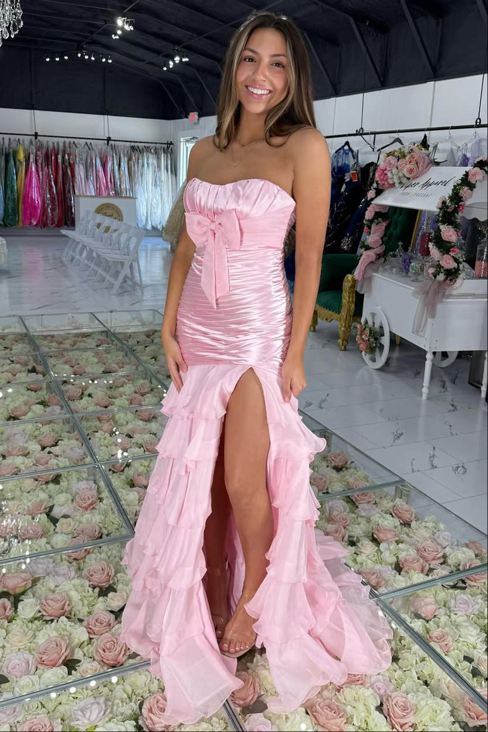 Cute Mermaid Strapless Pink Satin Prom Dress with Slit