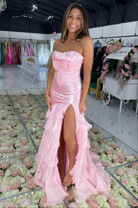 Cute Mermaid Strapless Pink Satin Prom Dress with Slit