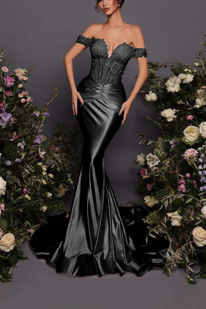 Off The Shoulder Sleeveless Long Mermaid Prom Dress With Pleated