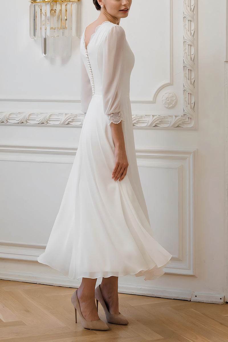 A-Line Tea Length Lace Chiffon Little White Dress