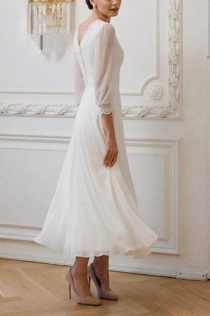 A-Line Tea Length Lace Chiffon Little White Dress
