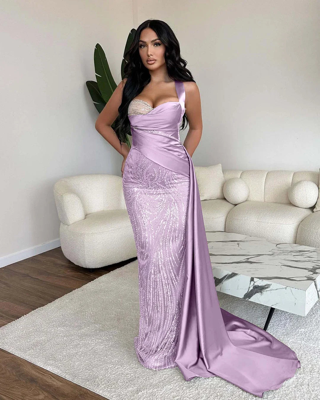 Elegant One Shoulder Mermaid Sequins Evening Dress Ball Gown With Ruffles