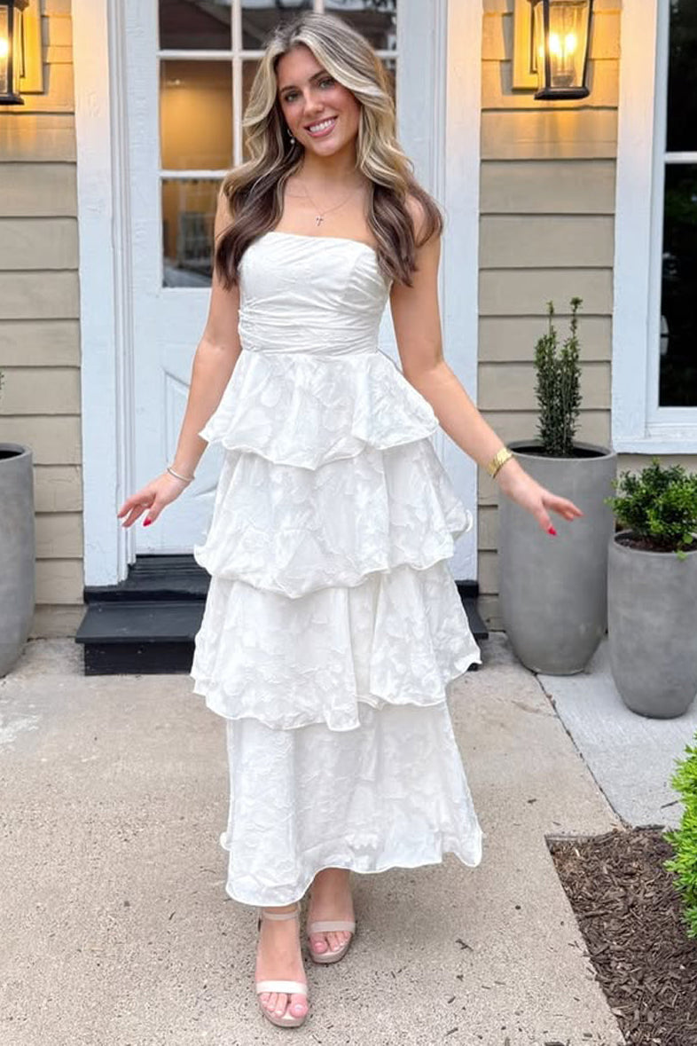 Fairy Sheath Strapless Tiered Long Prom Dress