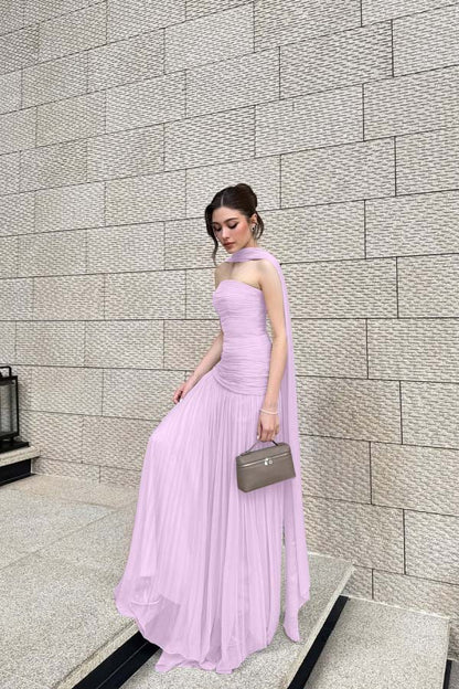 Chiffon Strapless Sleeveless Long Pleated A-Line Prom Dress With Ruffles