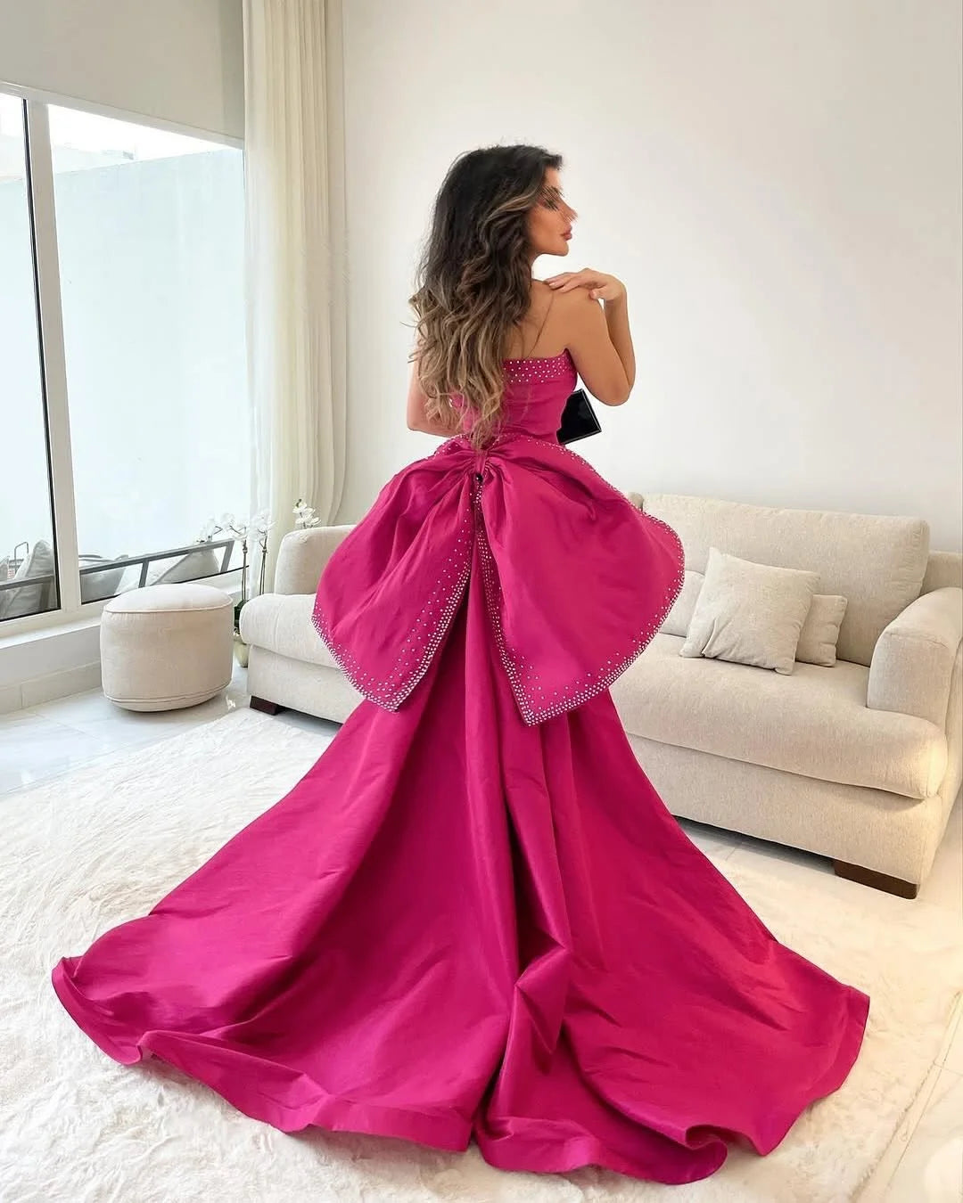 Fuchsia Beaded Bow Long Strapless Prom Dress ZT0709