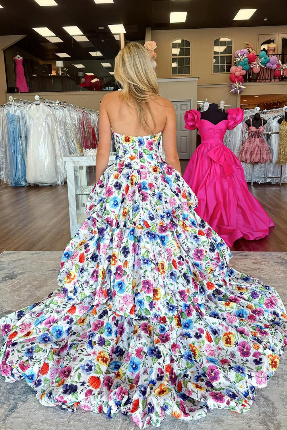 Tube Top Sleeveless Print-Satin Pleated High Slit Tiered A-Line Prom Dress