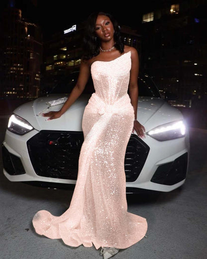 Asymmetric Strapless Sleeveless Long Pleated Mermaid Prom Dress