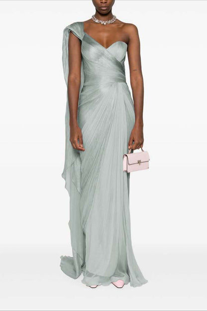 Asymmetric Neck One Shoulder Sleeveless Long Pleated Mermaid Prom Dress With Ruffles