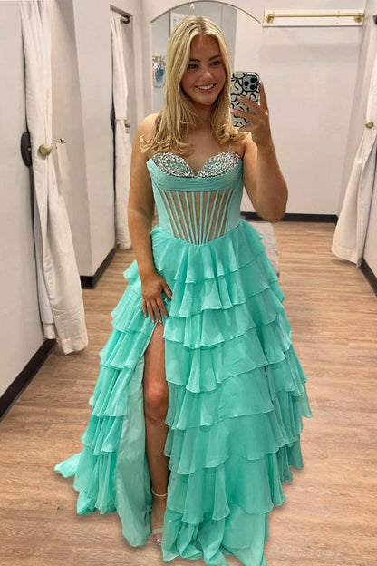 A-Line Sweetheart Mint Ruffle Tiered Chiffon Beads Long Prom Dress
