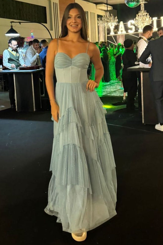 Modest A line Spaghetti Straps Blue Prom Dresses With Pleated