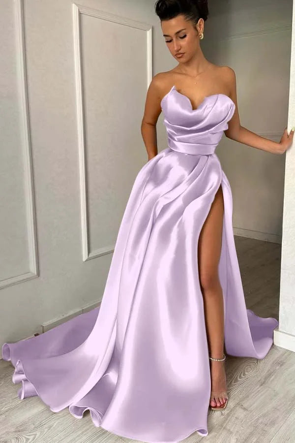 Chic Strapless Split Pleated Prom Dress