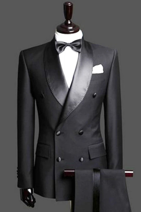 Fancy Black Double Breast Satin Lapel Wedding Tailcoats 2 Pieces(Jacket Pants)