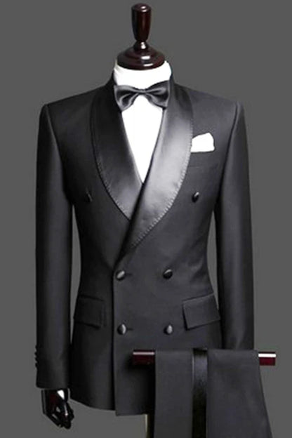 Fancy Black Double Breast Satin Lapel Wedding Tailcoats 2 Pieces(Jacket Pants)