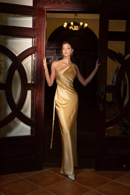 Classic Champagne One Shoulder Prom Dress Sleeveless with Flower