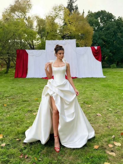 Halter Neck Strapless Sleeveless Long A-Line Prom Dress