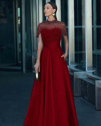 High-Neck Short Sleeves Long A-Line Pleated Prom Dress With Pockets And Beadings