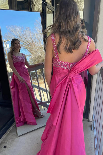 Mermaid Square Neck Fuchsia Satin Long Prom Dresses with Slit