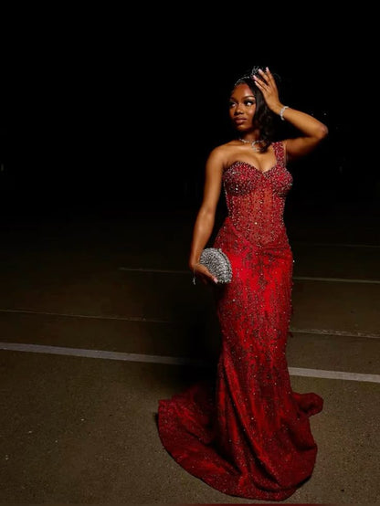 Sexy Mermaid One Shoulder Burgundy Sequin Formal Gown